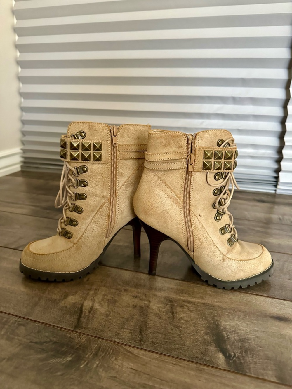 envy Beige Lace-Up Studded High-Heel Ankle Boots